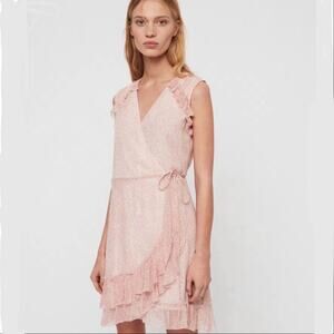ALLSAINTS Women’s Priya Leox Dress Pink & White Polkadot Ruffle Wrap Flowy Light